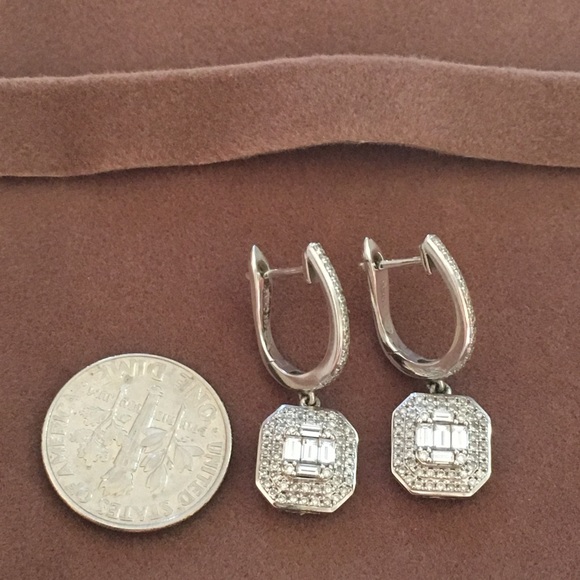 Solid 14K White Gold Genuine Diamond Drop Earrings - Picture 7 of 7